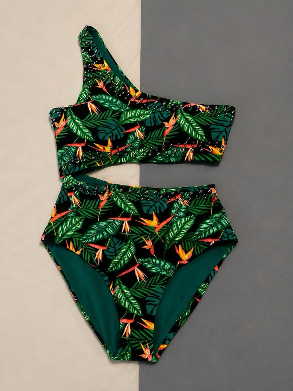 Tropical One-Shoulder High-Waist Bikini Set - Green & Orange Leaf Print